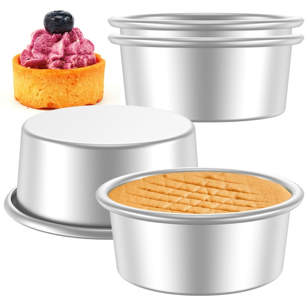 POINTERTECK 4Pcs Cake Bake Pan Non-Stick 4inch Round Cake Tin Stainless Steel Cake Mold Pan Reusable Heavy Duty Cake Bakeware Heat-Resistant Cake Pan Set Dishwasher Safe Cake Baking Mode