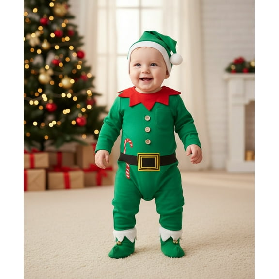 Green Elf Jumpsuit And Hat - Soft Gender Neutral Baby Outfit For Holiday Fun