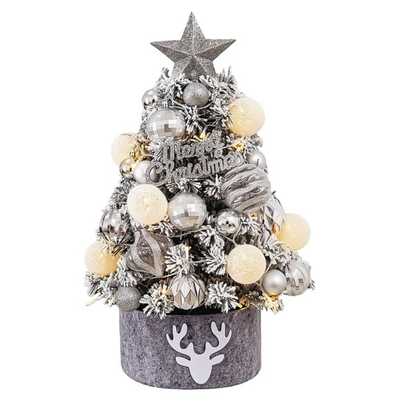 Januofit Mini Flocked Christmas Tree with Lights, 2ft Small Tabletop Tree with 24pcs DIY Decorations, LED Lights for Indoor Holiday Decor