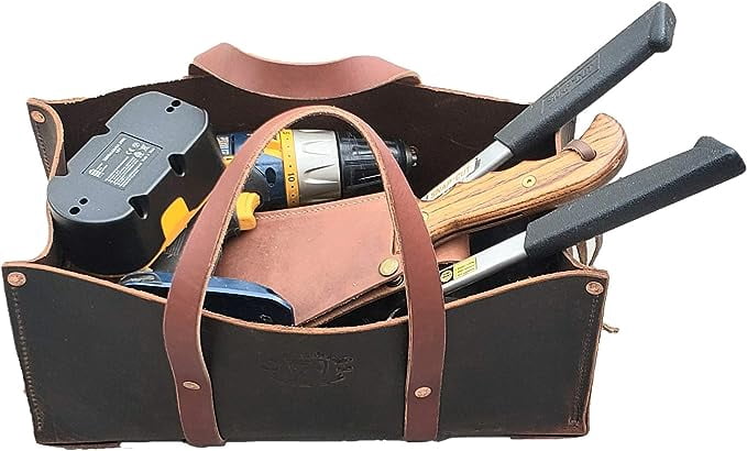 Buffalo Leather Tote Tool Bag For Hand Tools, Gardening, Outdoorsmen, Heavy Duty Premium Storage Leather Organizer (Crazy Horse Black)