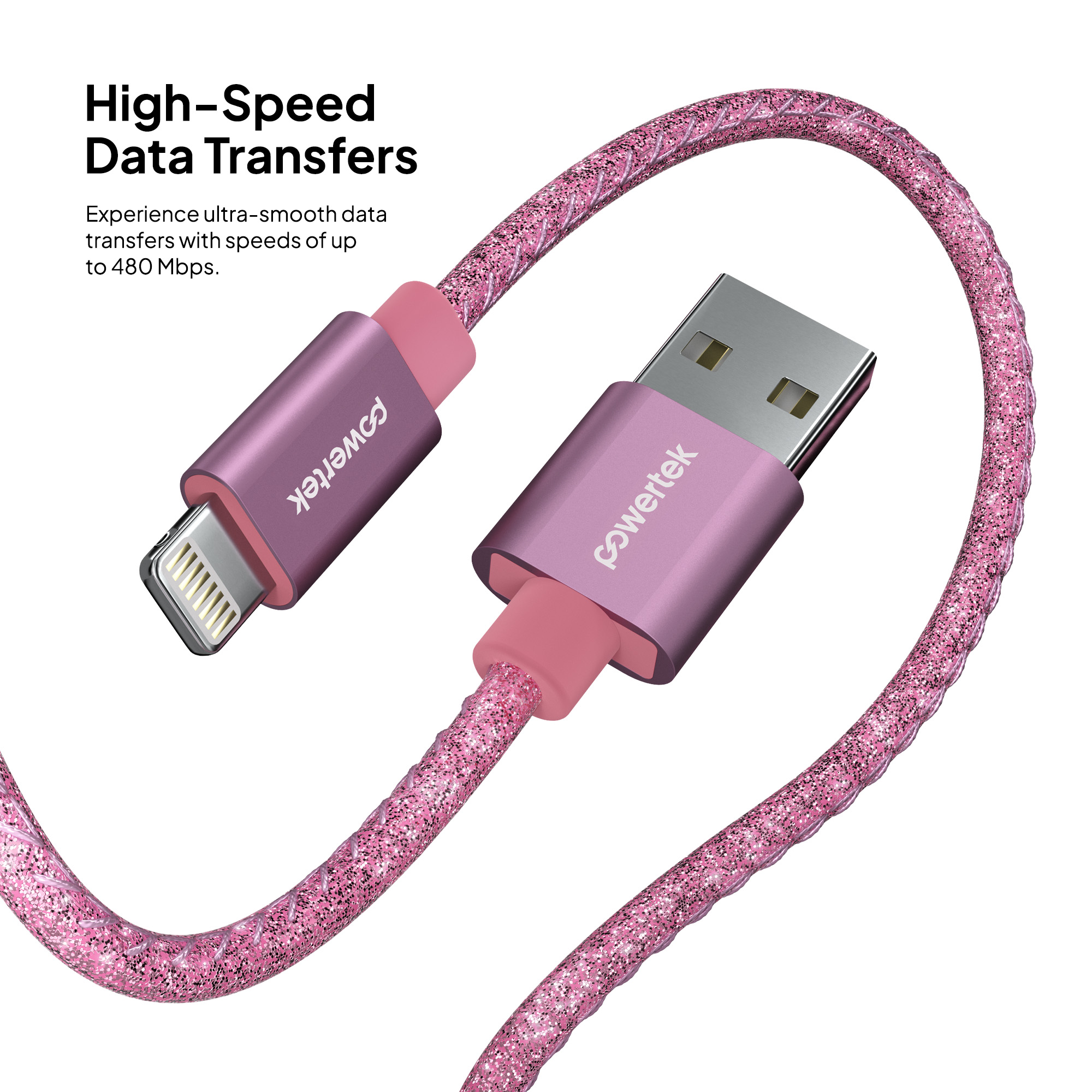 Powertek USB-A to Lightning Cable, 6ft, Pink Glitter photo 4