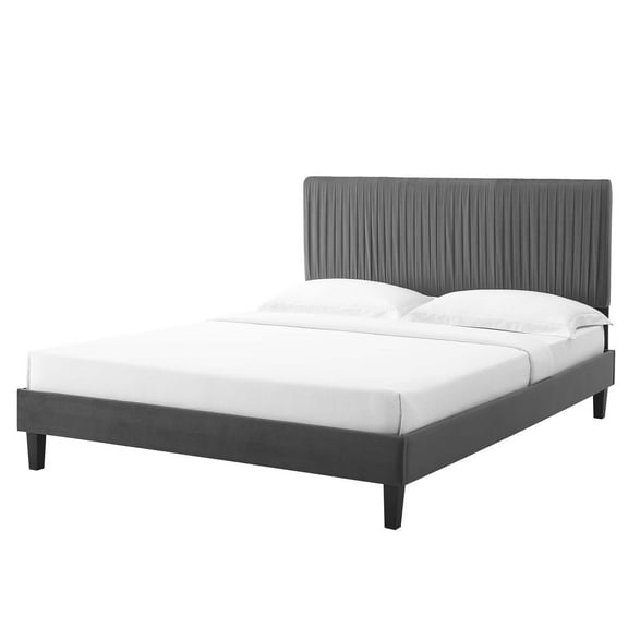 Platform Bed Frame, Queen Size, Velvet, Dark Grey Gray, Modern Contemporary Urban Design, Bedroom Master Guest Suite