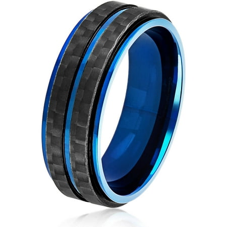 Crucible Blue IP Stainless Steel Double Carbon Fiber Stripe Comfort Fit Ring (7.5mm)