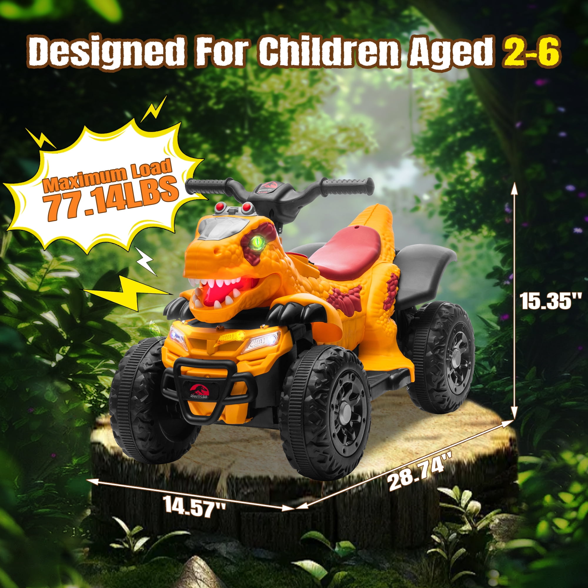SUSIELADY 12V Kids Dinosaur Ride on ATV, Quad 4 Wheeler Dinosaur Design, Electric Ride on Toy, Music Early Education Function, Power Display, Safe Driving, Outdoor Toy for Boys Girls Aged 2-6, Yellow