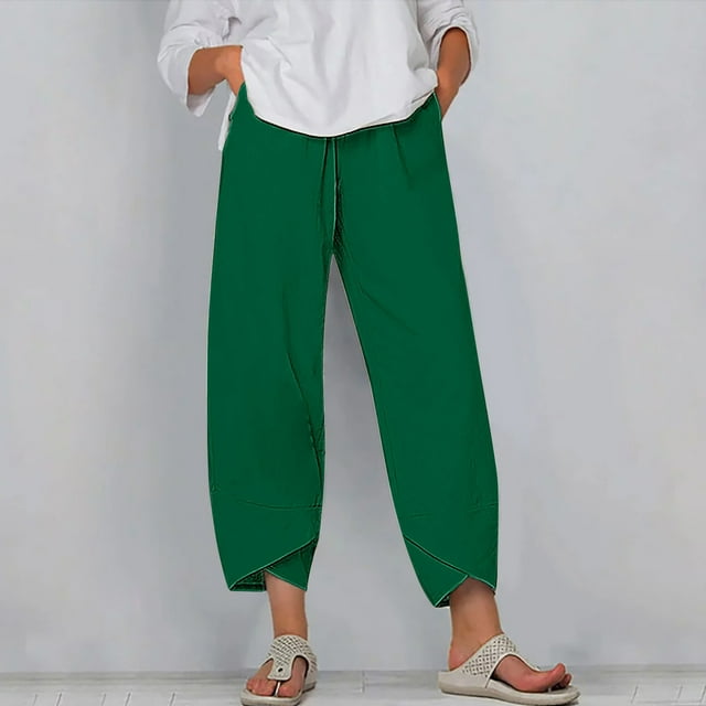 RXIRUCGD Women's Summer Comfortable Loose Wide Legged Fashion Solid Color Capris, Green, Size: L