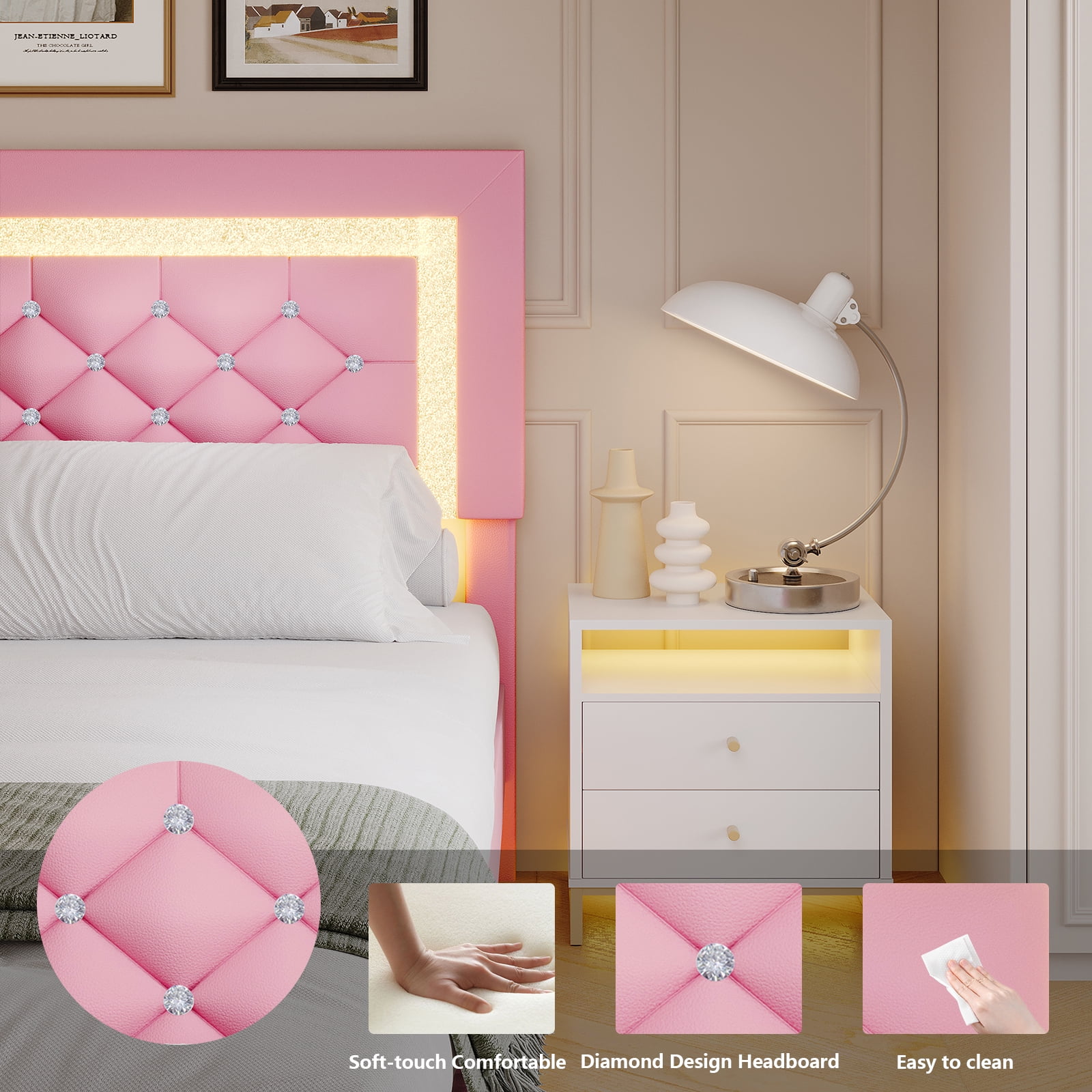 4 EVER WINNER  Full Size Floating Bed Frame with LED Lights, Upholstered Platform Bed Frame with Diamond Tufted Headboard, Pink Full Size Bed Frame, Pink