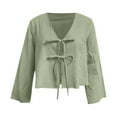 thumbnail image 4 of MIXUE Boho Tops For Women Summer Solid Color V Neck Tie Front Puff Sleeve Lace Up Pullover Shirts For Women Tshirts Activewear,Green,XXL, 4 of 5