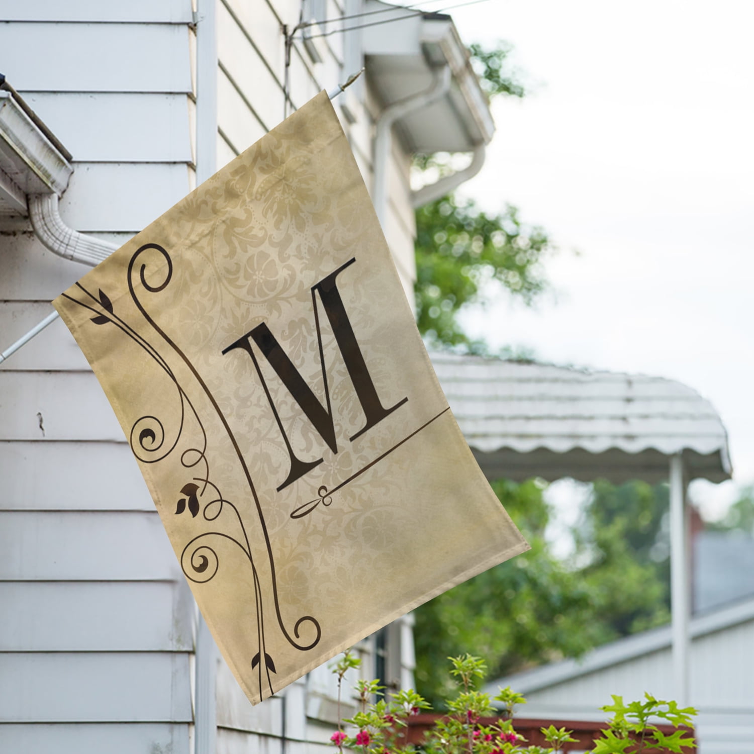 America Forever Fancy Scroll Monogram M House Flag, 28 x 40 inch Double Sided, Elegant Letter M Flag, Decorative Scroll Design, Personalized Initial Yard Art, Housewarming Gift