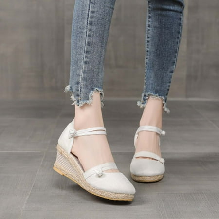 Up to 60% OFF Plus-size Linen Sandals  Solid Color Straw  Woven  Wedge Heels  Summer Comfort  Lightweight  For Women  Sandal Shoes  Plus Size Sweatshirt|Cloth White Sopatenor