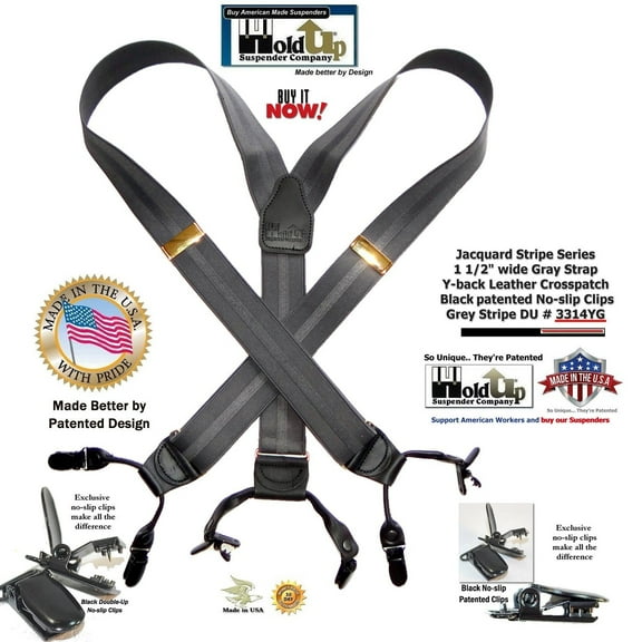 Holdup Brand Gray Stripe Jacquard Dual Clip Double-ups with Patented No-slip Metal Clips