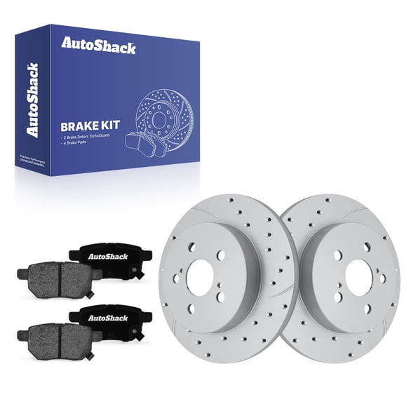 AutoShack Rear Solid Drilled & Slotted Coated Brake Rotors Silver Matte Finish   Ceramic Pads 6-PC Brake Kit Replacement for 2009-2020 Toyota Corolla 2010-2013 Toyota Prius TurboGuard 10.2" (259 mm)