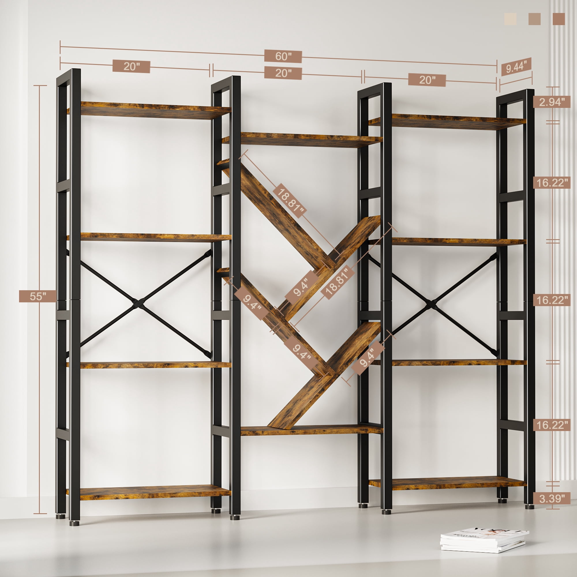 4-Tier Large Wooden Bookcase with 14 Open Display Shelves, Modern Tree Design, Metal Frame, Tall Bookshelf for Living Room, Office, or Study