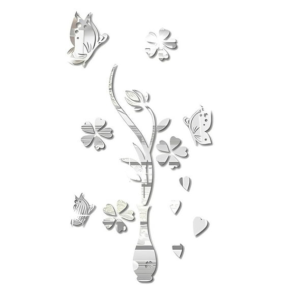 Vase Butterfly Mirror Wall Sticker Flower Bouquet Mirror Decals DIY Plastic Mirror Tiles Self-Adhesive Vase Mirror Wall Decors Sticker for Home Living Room Bedroom Office Wall Decoration Silver