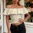 thumbnail image 5 of LEKWK Off the Shoulder Tops for Women Ruffle Short Sleeve Smocked Peasant Blouses Slim Fit Going Out Crop Tops Summer Fashion Beach Vacation Daily Outfits, 5 of 7