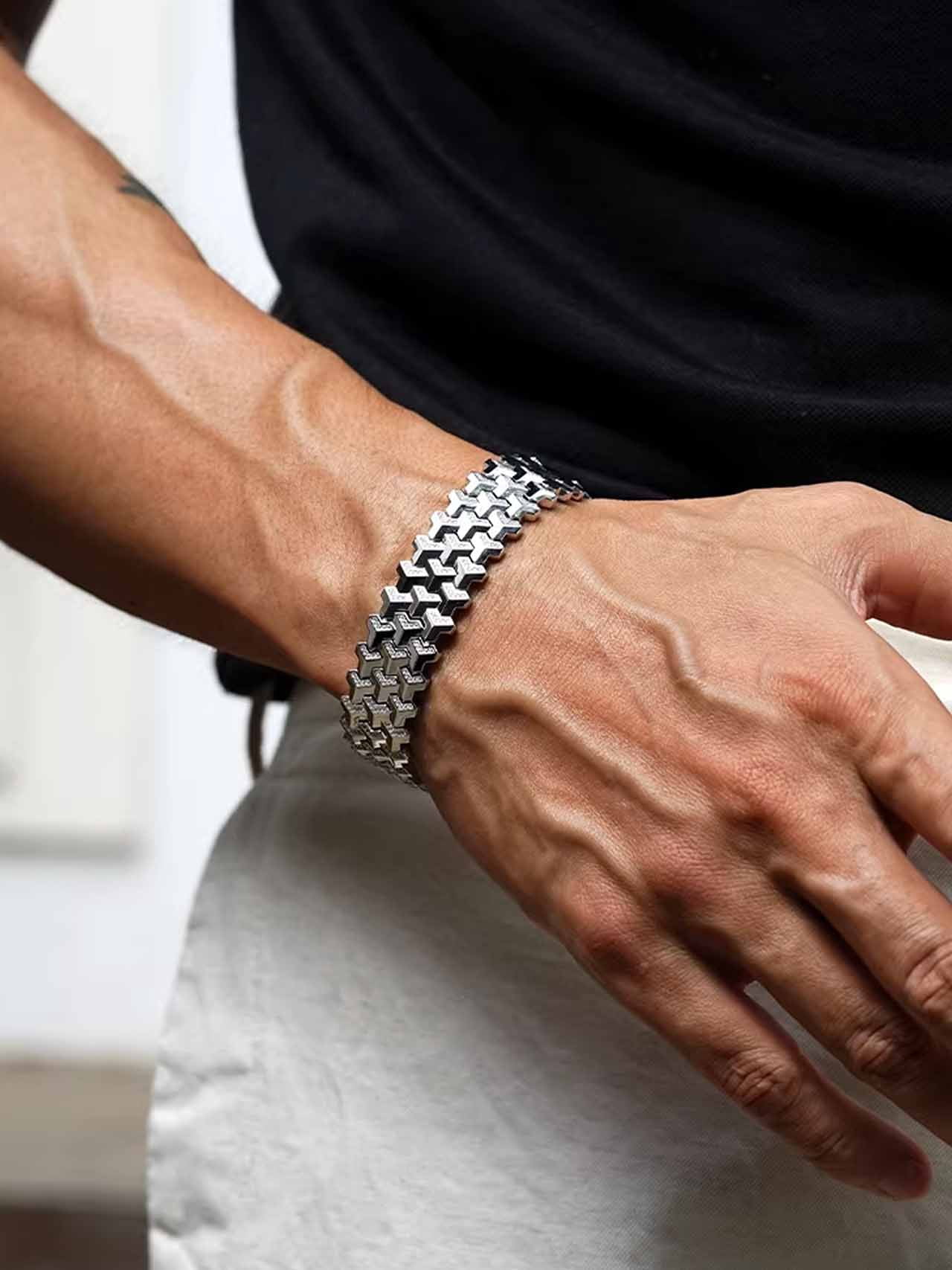 Men Geometric Link Bracelet, Handmade Modern Out Jewelry Accessories for Men Silver 6.5 inches