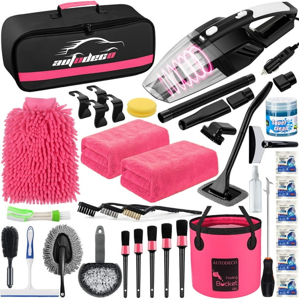 Kit de limpieza de coches AUTODECO, 41 unidades con aspiradora, color rosa