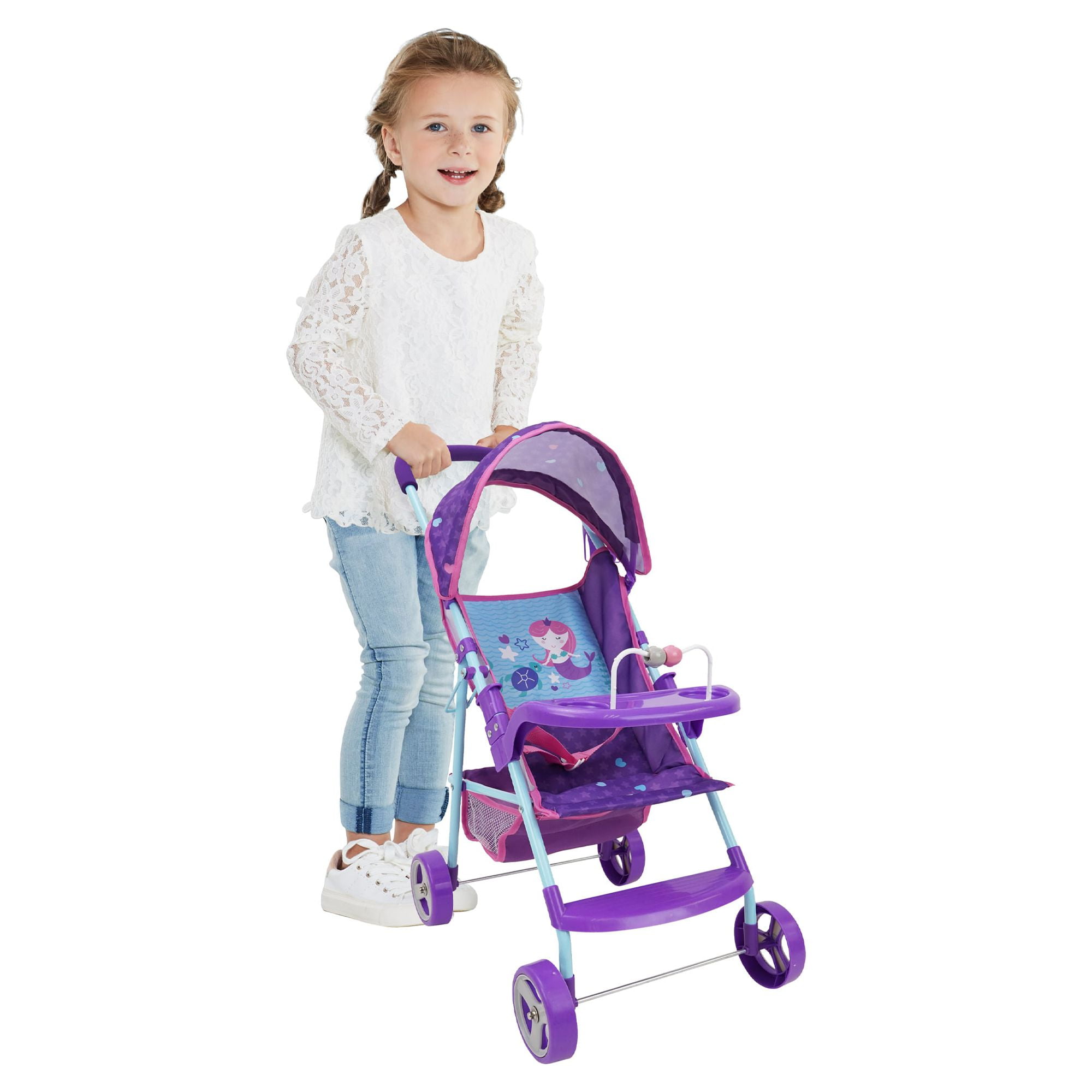 509 Mermaid Doll Stroller - Canopy & Cup Holder, Easy Fold Storage & Travel, Fits Dolls up to 21", Ages 3+