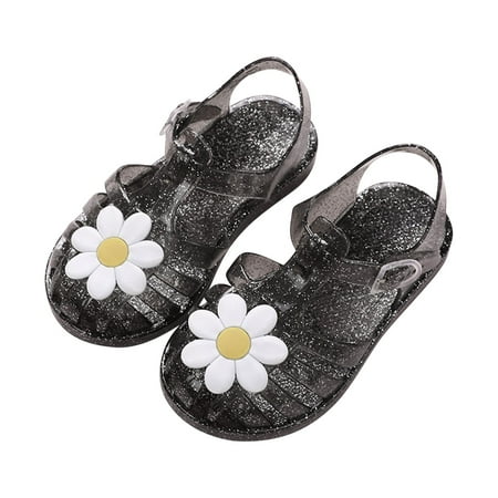 

Toddler Sandles Girls Jelly Sandals Rubber Sole Closed Toe Princess Flat Flower Summer Shoes Black 2-9 Years Old