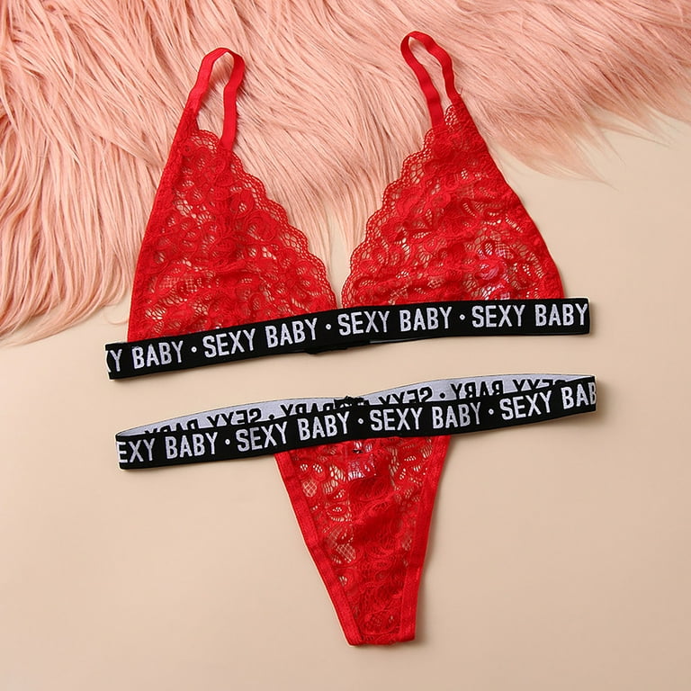 BadPiggies Womens Lace Sexy Lingerie Nightwear 2-Piece Panty Underwear Set  Heart Shape Print Babydoll Sleepwear (L, Red)