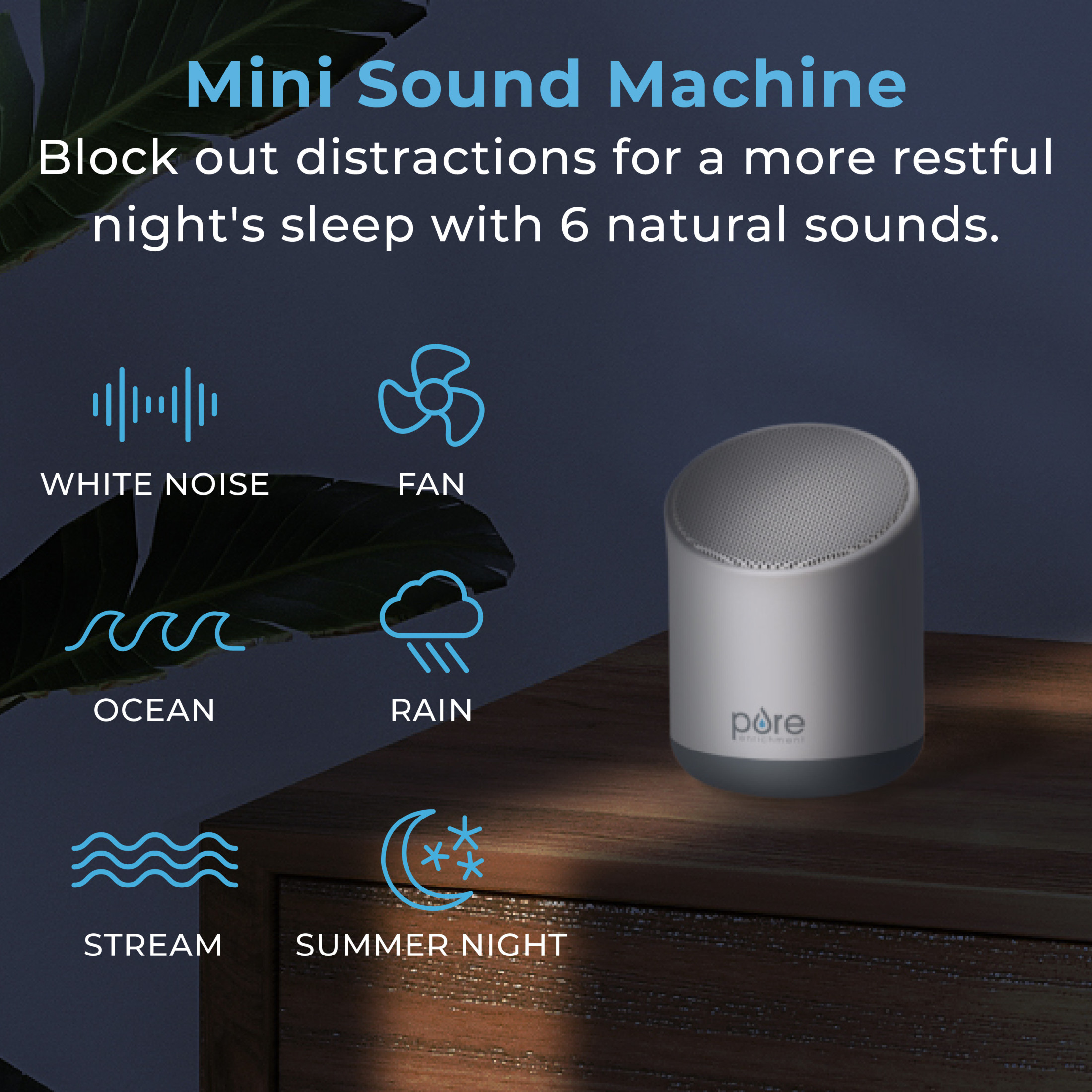 Pure Enrichment WAVE Mini Travel Sound Machine - 6 Soothing Sounds Including White Noise, Seamless Loop Audio, Rechargeable Battery, 48 Hour Run Time, Optional Timer, and Storage Bag