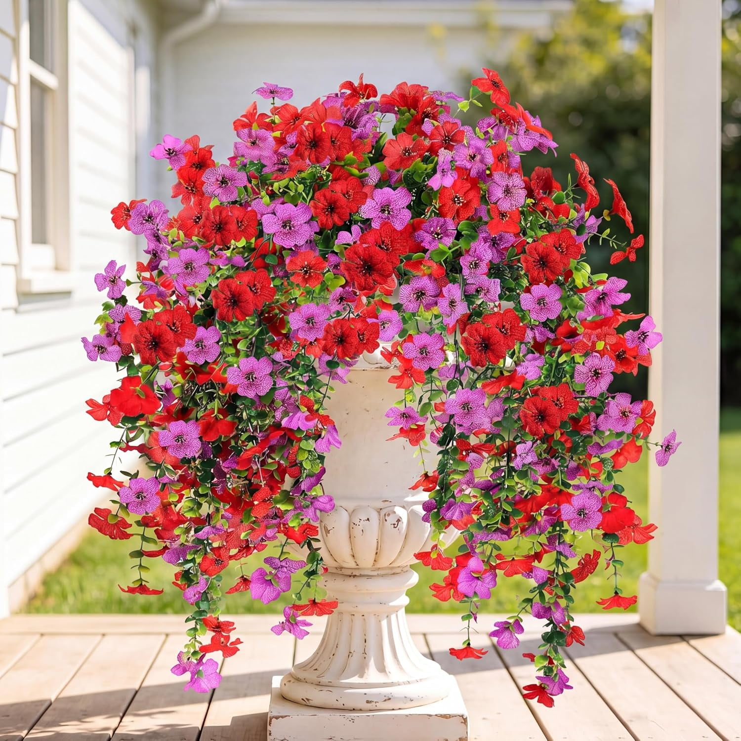 Artificial Fake Hanging Flowers Plants for Outdoor Outside Spring Summer Decoration 2PCS Faux Silk UV Resistant Realistic Mums Daisy with Eucalyptus for Home Porch Patio Balcony(Red & Magenta)