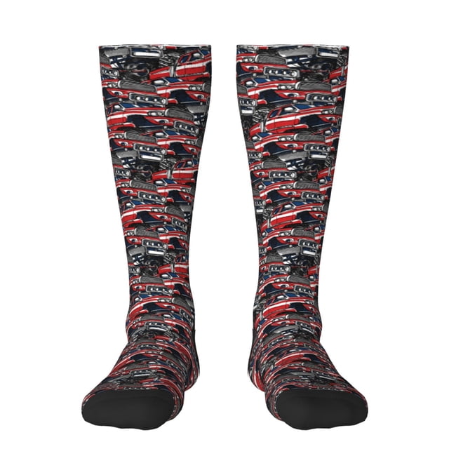 Gaeub Chaussettes Design Imprimé Voitures Rouges et Bleues Chaussettes Hautes Extensibles pour Hommes Femmes Adolescents, Chaussettes de Softball Soccer pour Randonnée, Sport