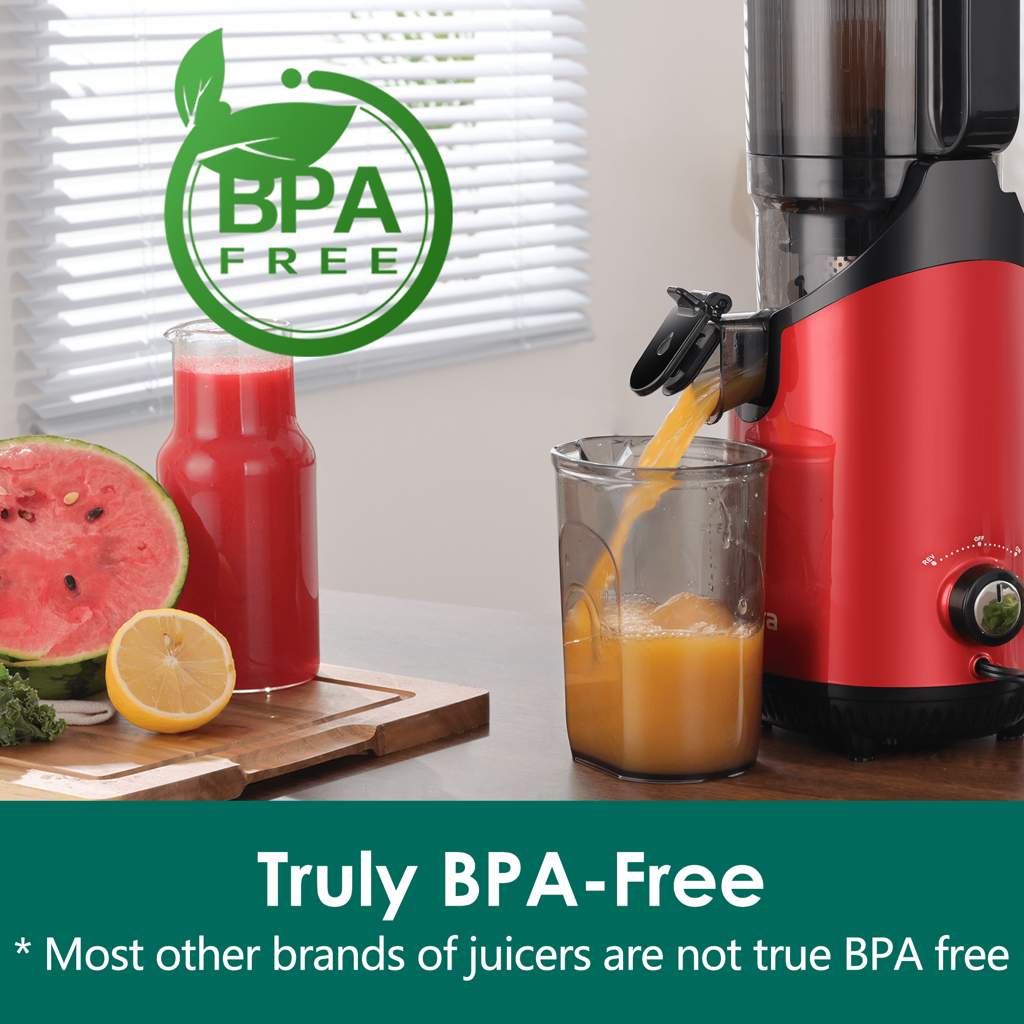 Fretta Cold Press Juicer with 5.3" Extra Large Feed Chute, 250W Slow Masticating Machines Fit Whole Fruits & Vegetables, High Juice Yield, BPA Free (Red)