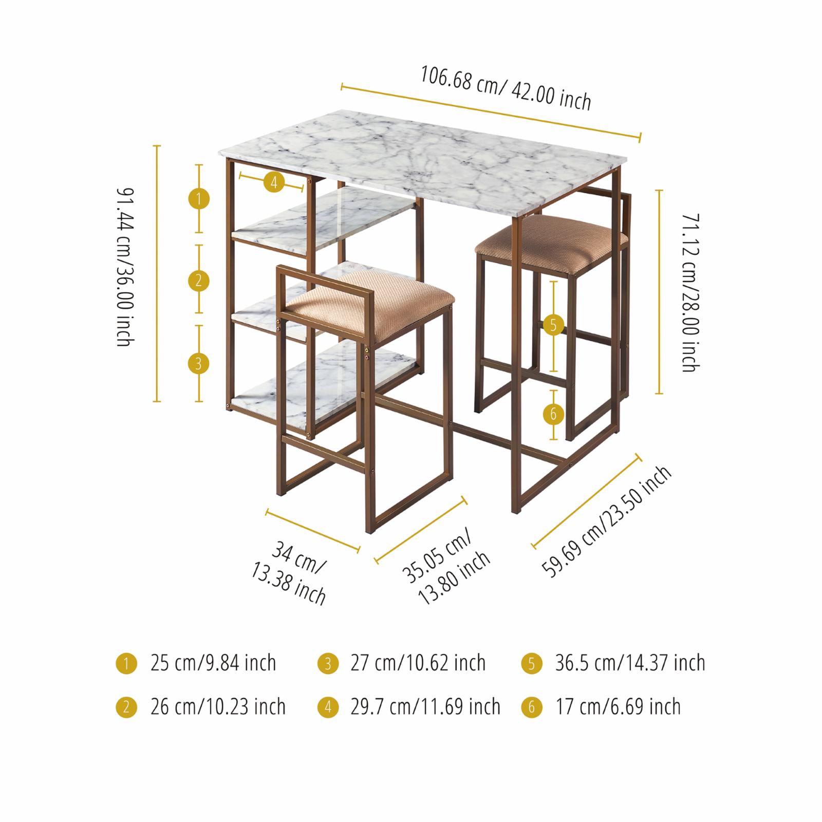 Teamson Home Marmo Modern Marble-Look Breakfast Table Set with 2 Stools and Storage, Marble/Brass - image 3 of 9
