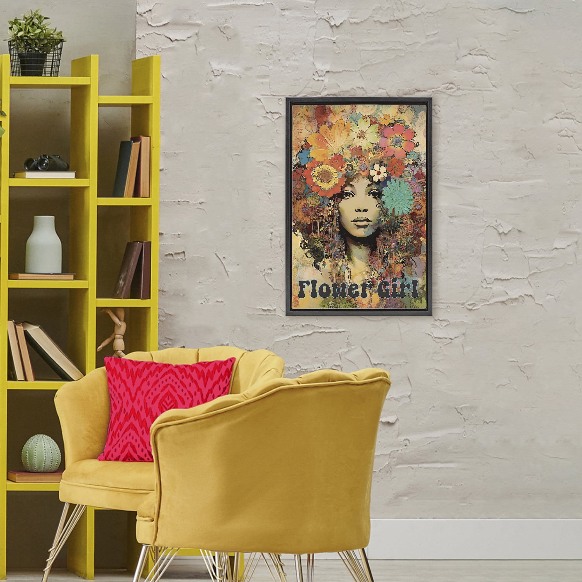 Bohemian Flower Girl Black Framed Floater Canvas Wall Art, design by Sasha