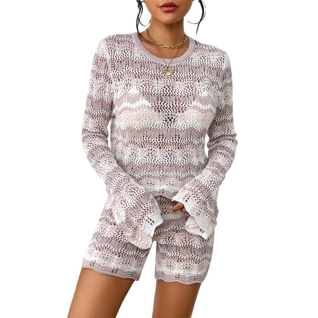 FOCUSNORM Ensemble de Vêtements pour Femmes 2 Pcs Shorts d'Automne Rayures Patchwork Col Rond Manches Longues Chandail Hauts Tricotés Shorts