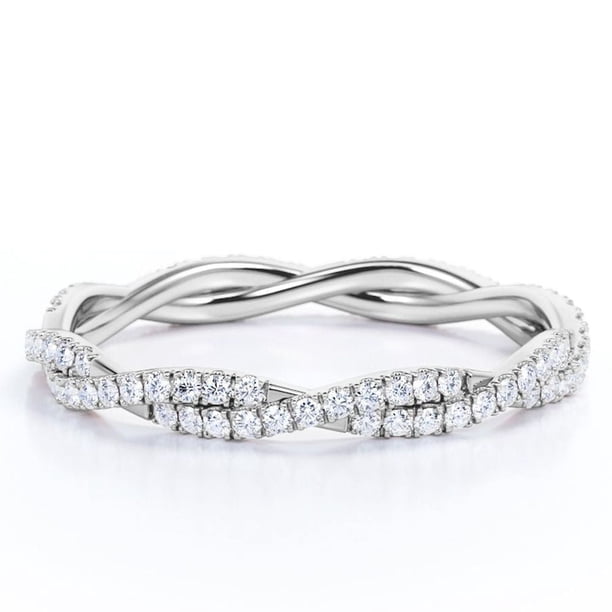JeenMata Alianza de Boda de Eternidad Trenzada con Diseño Pavé Forma Redonda de 0,5 Quilates, Baño de Oro Blanco de 18 K sobre Plata
