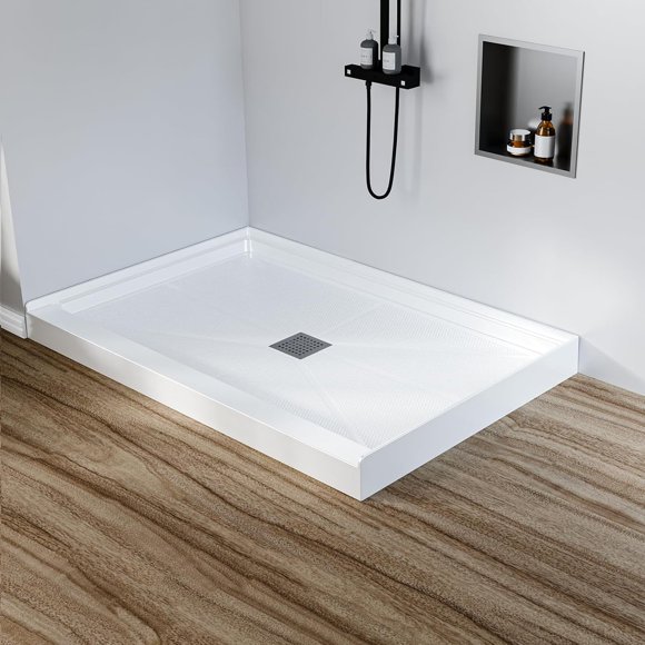 Bingirl Shower Pan with Center Drain 48 x 32 x 4 Inch Anti-Slip Textured Surface White Shower Base with 304 Stainless Square Drain Cover & Flange Edge