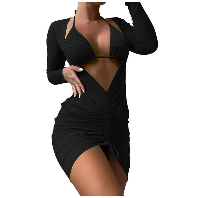 Traje de baño de 2 piezas para mujer, trajes de baño para mujer, bikini liso con tirantes y abertura en V, conjunto de traje de baño de tres piezas para mujer