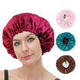 thumbnail image 4 of Women Flat Adjusting Button Adjustable Night Hat Round Headwear Haircare Ceremony Satin Hair Cap BURGUNDY, 4 of 7
