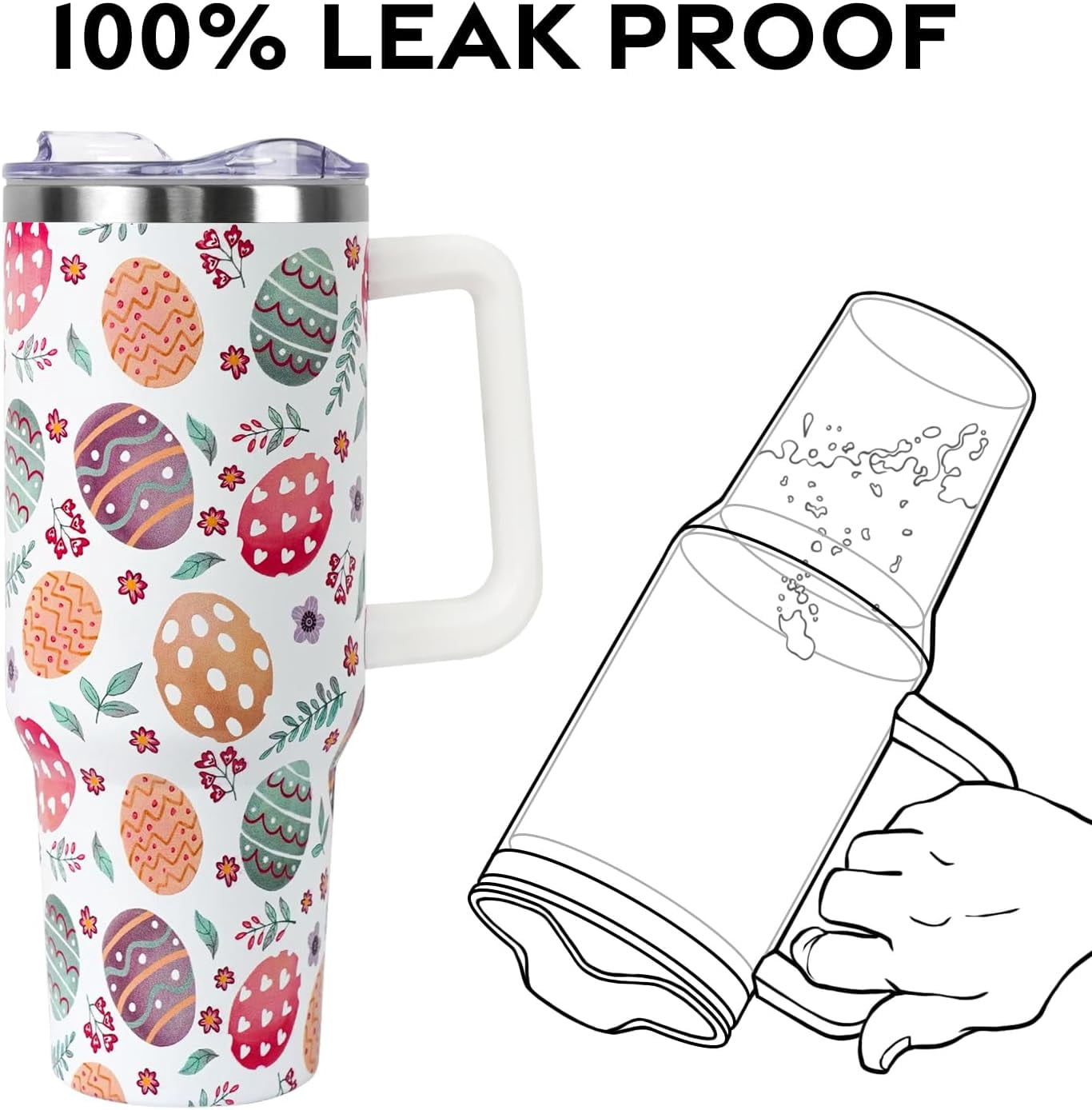Easter Tumbler with Handle and Straw Lid 40 oz,Cute Easter Spring Gift for Women Men Eggs Floral Vacuum Insulated Leak Proof Stainless Steel Coffee Cup Mug