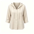 thumbnail image 4 of Qulqfy Cotton Blouses for Women Fall Casual 3/4 Sleeve Solid Beige Work Hooded Button Up Drawstring Dressy Womens Tops L, 4 of 6