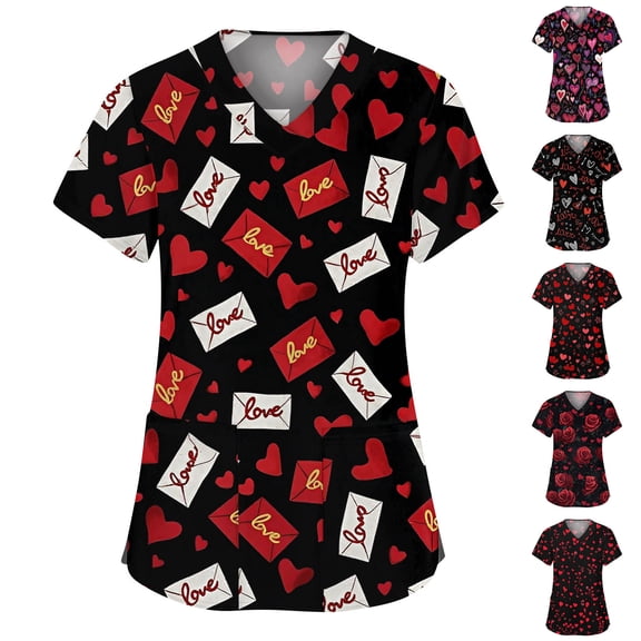 Valentines Scrub Tops for Women Short Sleeve V Neck Heart Print Nurse Uniforms Holiday Working Scrubs with Pockets Vermilion M