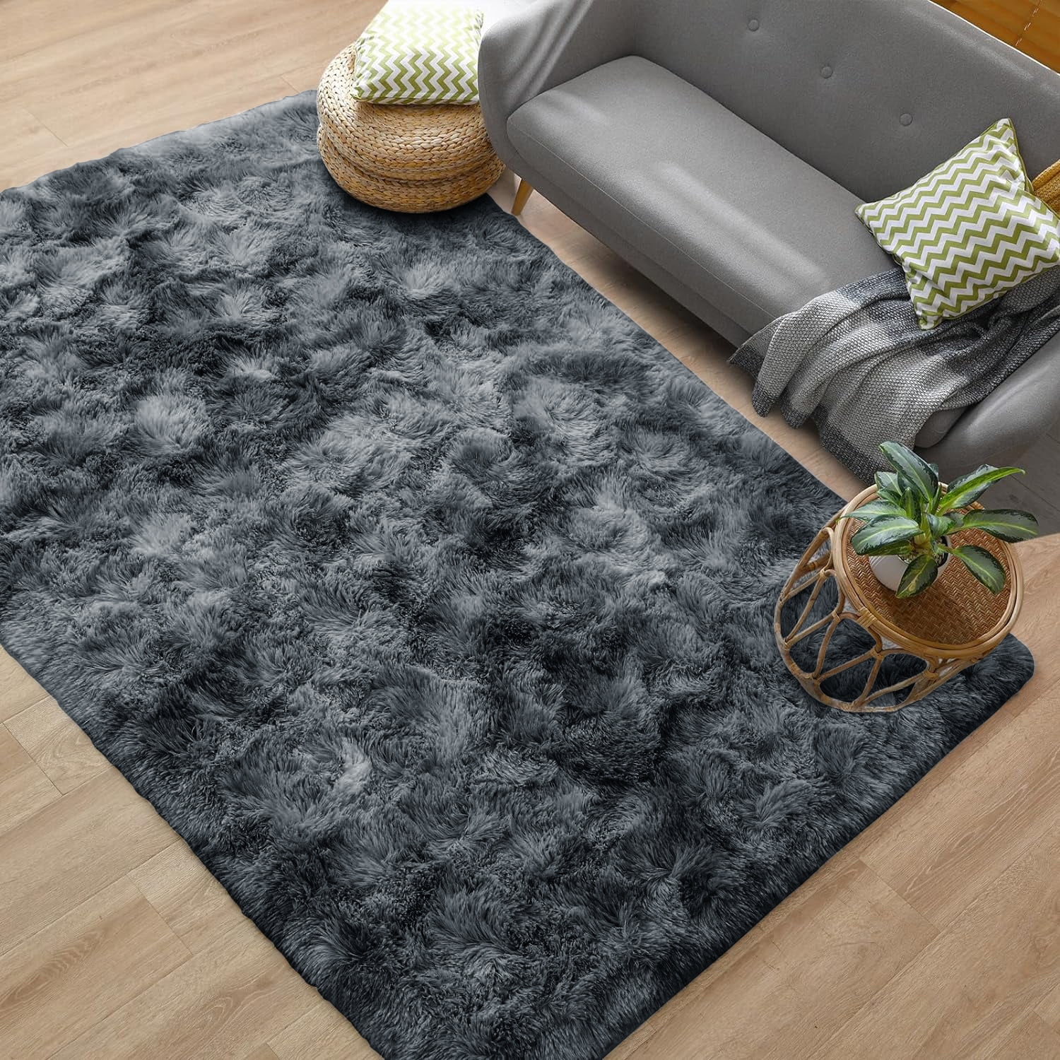 Debonair Super Soft Shaggy Rugs Fluffy Carpets 5x8 Feet Indoor Modern Plush Area Rugs for Living Room Bedroom Home Decor Upgrade Anti-Skid Rectangular Fuzzy Rug, Dark Grey