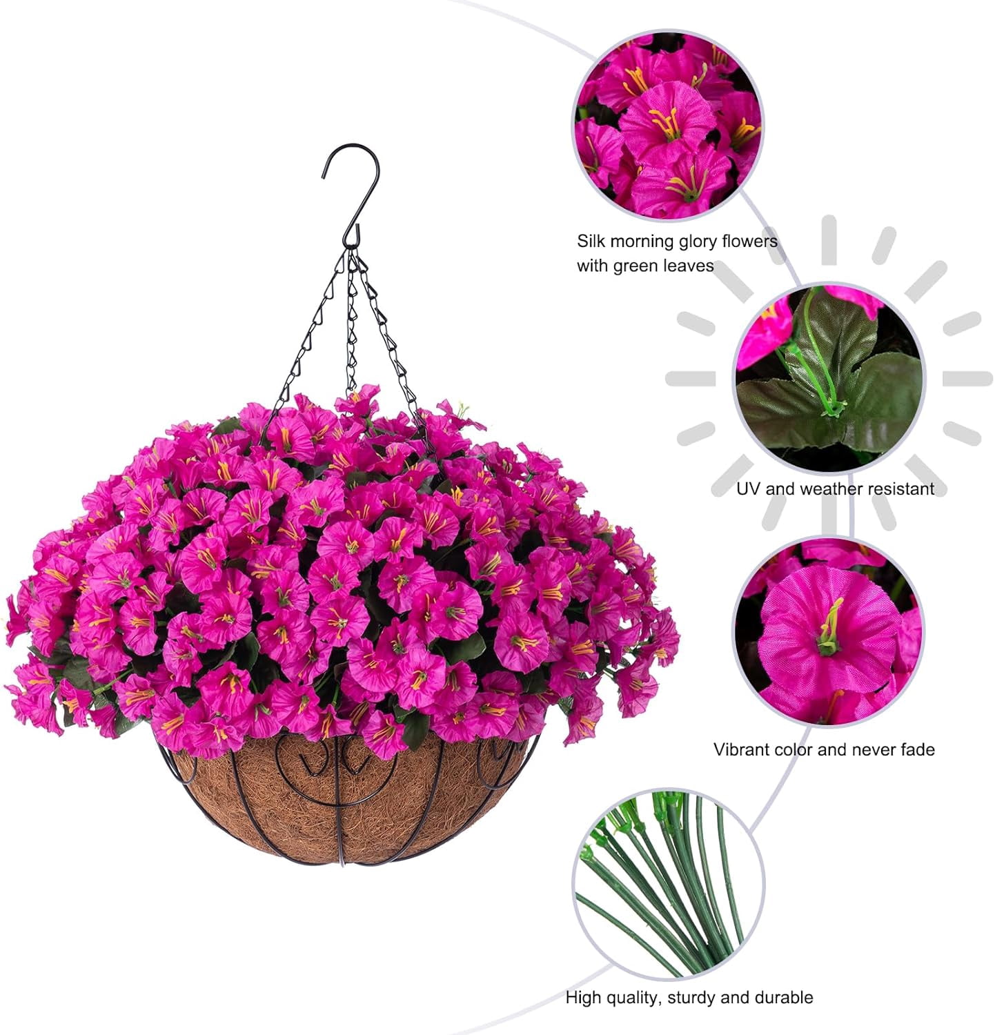 Artificial Fake Hanging Flowers Plants Baskets for Outdoor Outside Summer Decoration, Faux Silk Fuchsia Morning Glory in Planter UV Resistant Realistic for Home Porch Patio Balcony Garden Yard