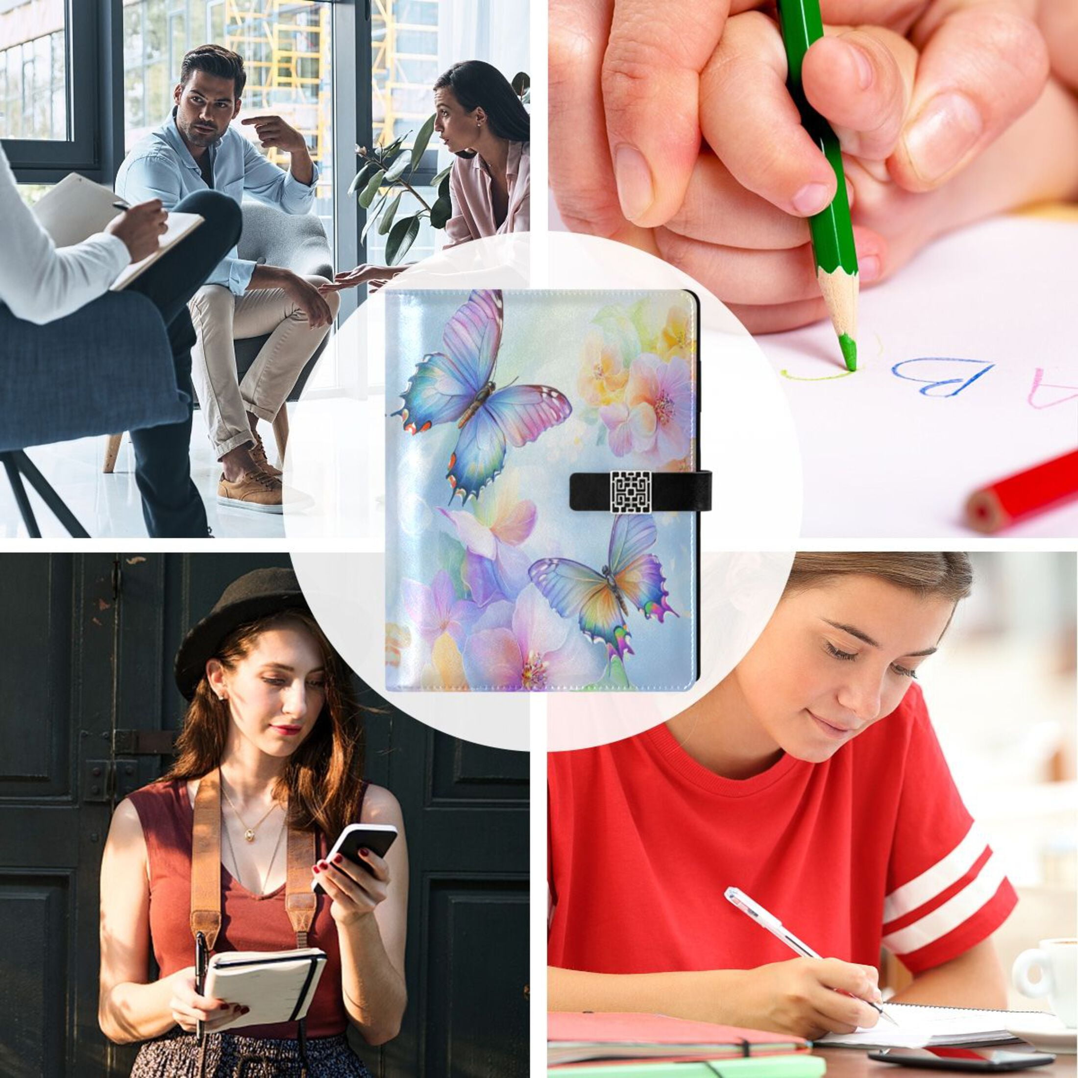 Leather Planner Leather Notebook Notebook Journal Binder Design Pen Pocket Design Convenient for Storage Light Blue Rainbow Butterfly