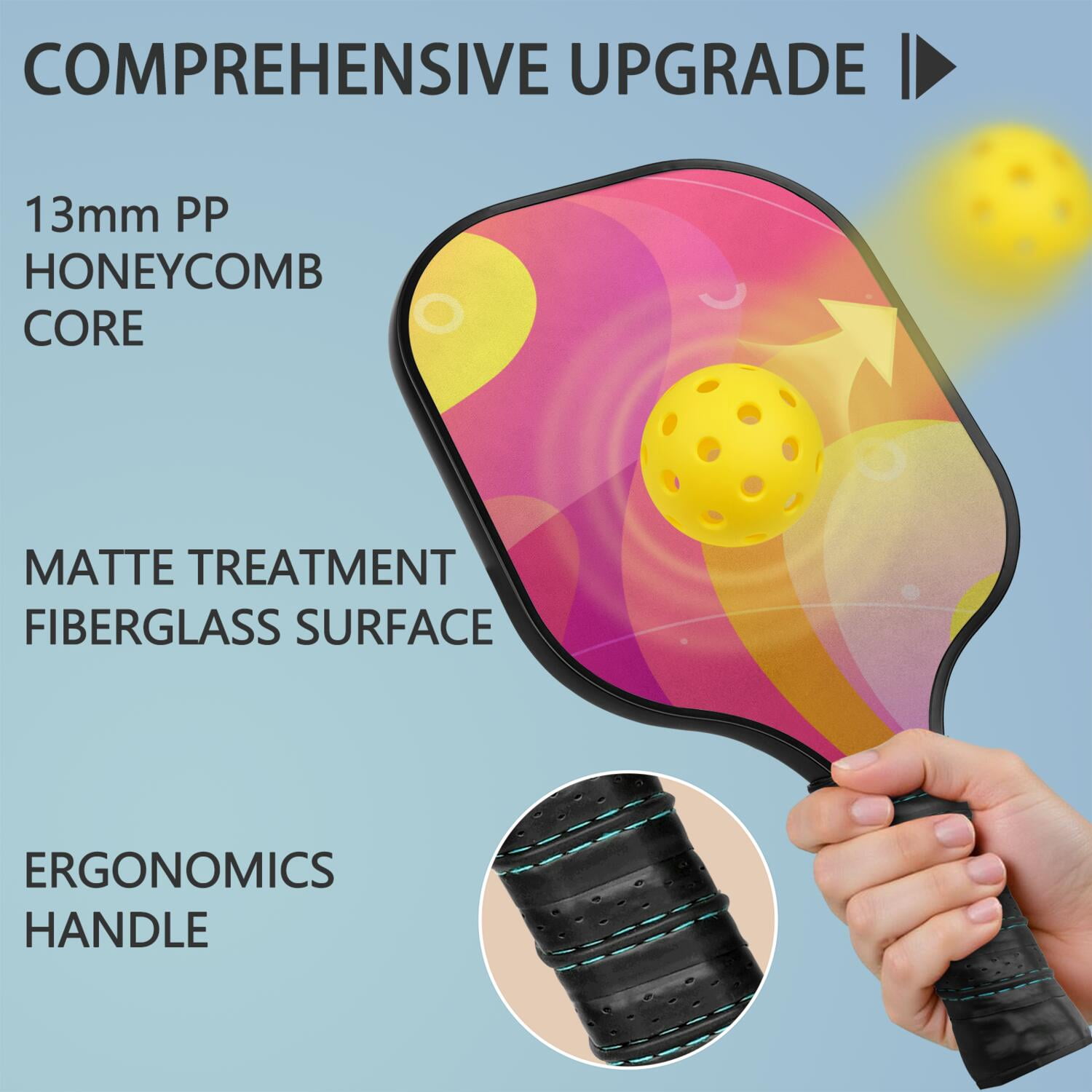 Pickleball Paddles Set Of 2, Fiberglass Surface, Neon Fluid Print, 4 Balls & Bag
