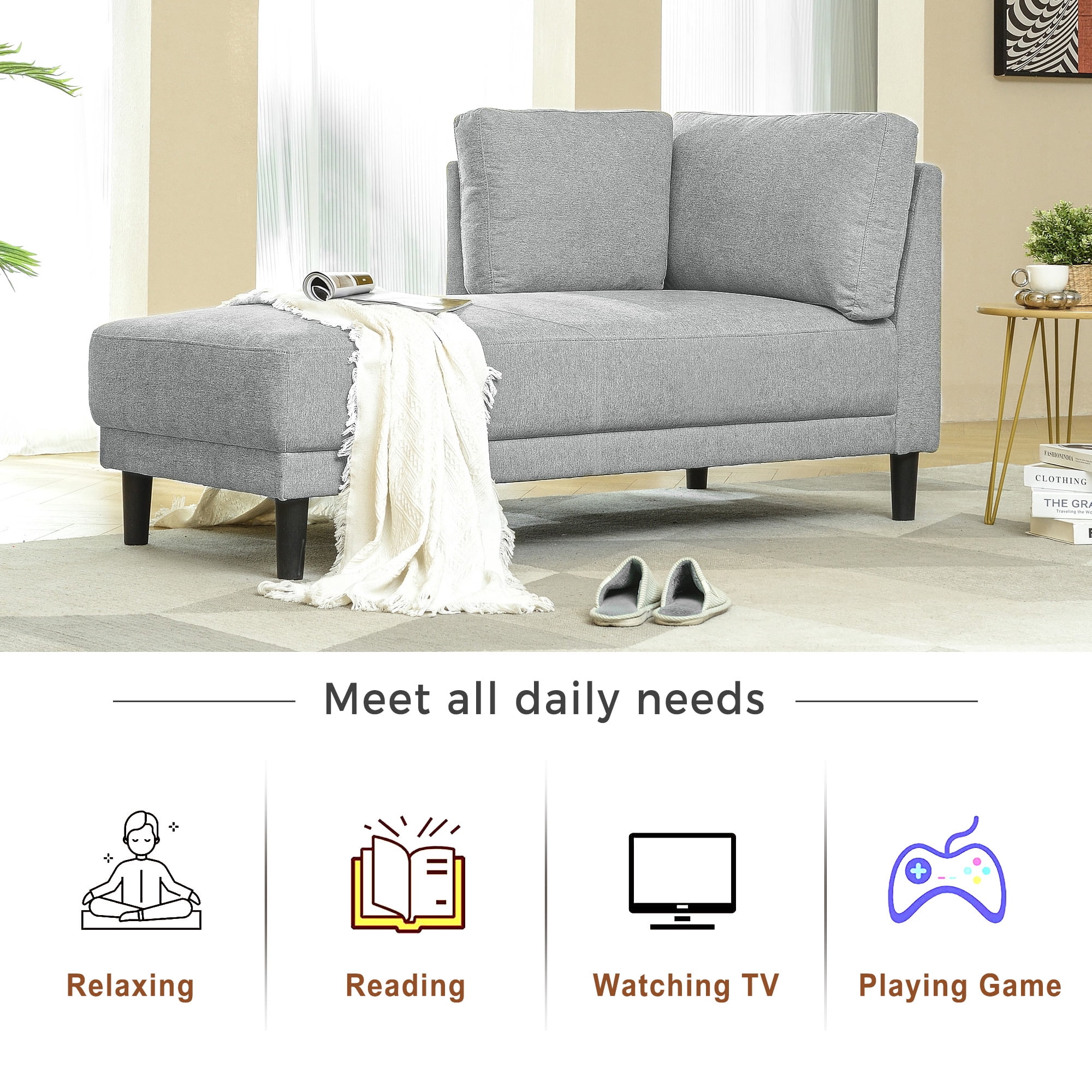 EUROCO 65" Mid-Century Modern Linen Fabric Corner Lounge Chair, Upholstered Indoor Chaise Lounge, Solid Wood Sleeper Sofa Bed for Bedroom, Office, Small Living Room & Apartment, Grey