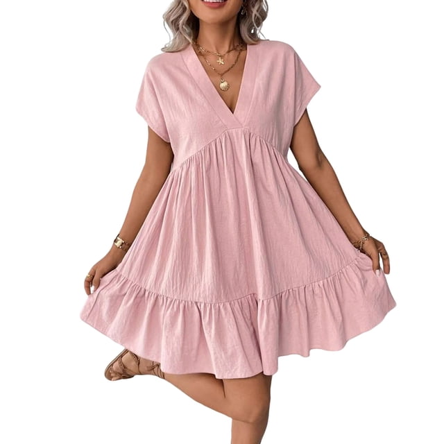 Vestido de Verano de Manga Corta para las Mujeres Mini Cuello en V Color Sólido Fiesta Casual Playa de Boda