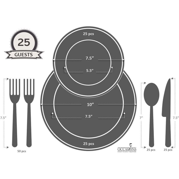 150 Piece Set (25 Guests) - Vintage Wedding Plastic Plates & Cutlery - Disposable Dinnerware 10'', 7.5''   Silverware w/Double Fork (Verona Plain Ivory)