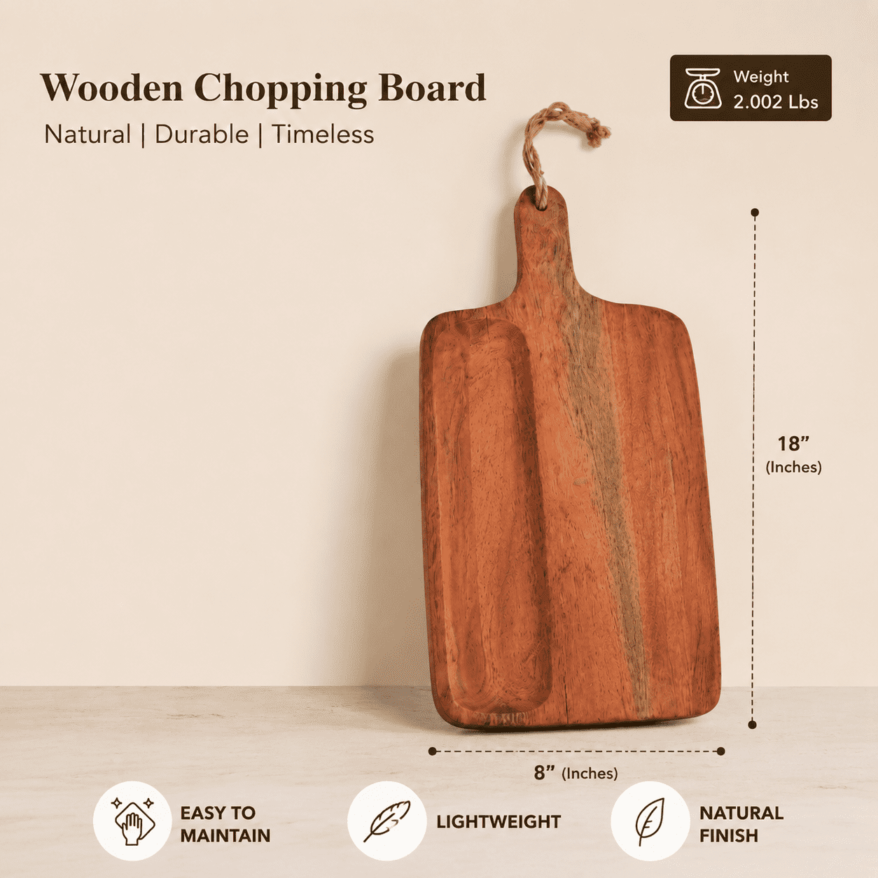 Acacia Wood Cutting Board with Handle, Handcrafted Wooden Chopping Board, Natural Finish Serving Board for Bread, Cheese, Charcuterie & Food Prep, Rectangular Paddle Board, 8 x 0.75 x 18 Inches