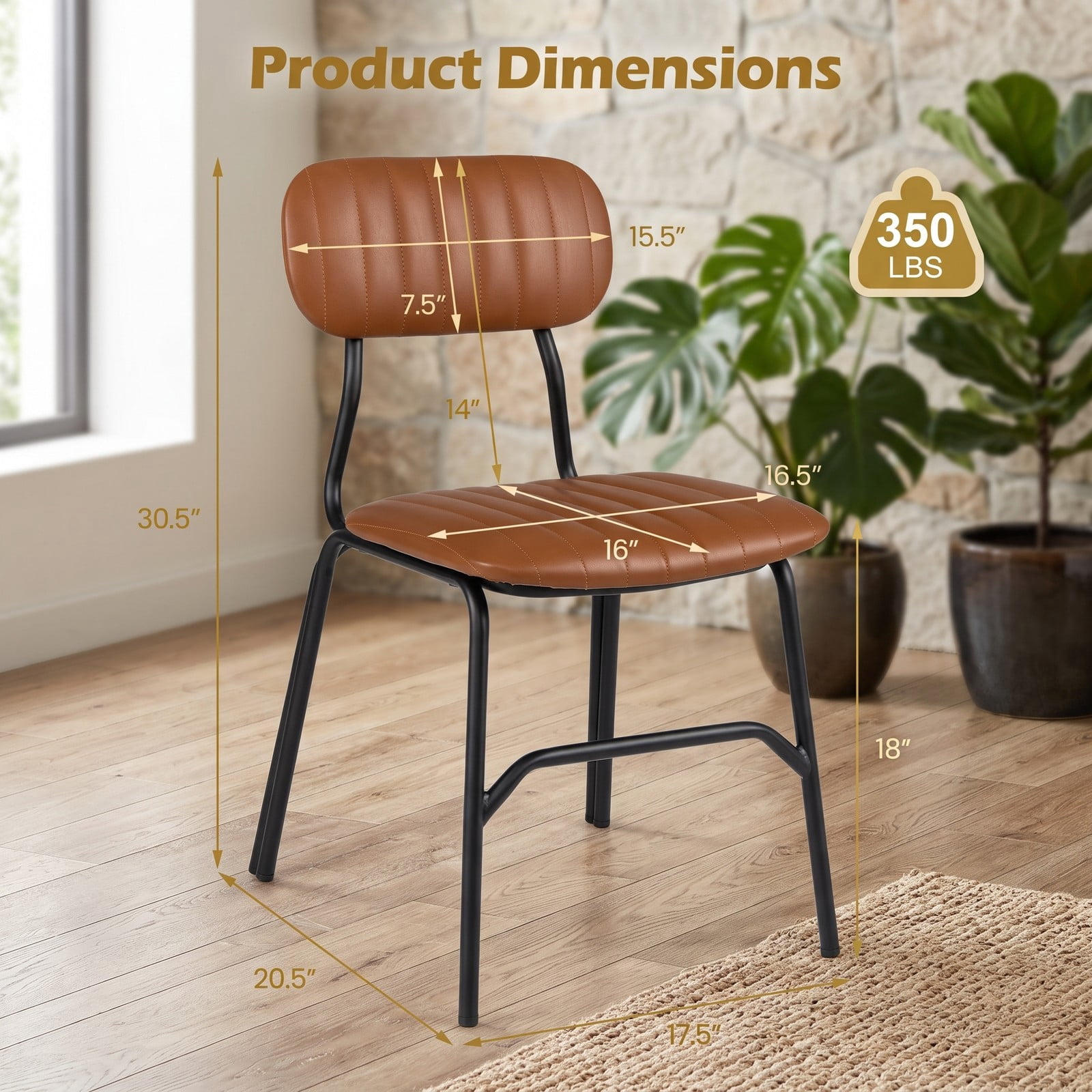 Furnibear Set of 2 Modern Dining Chairs, Upholstered PU Leather Kitchen Side Chairs with Ergonomic Backrest, Metal Legs, Rivet & Embellished Edges, 350 lb, Brown