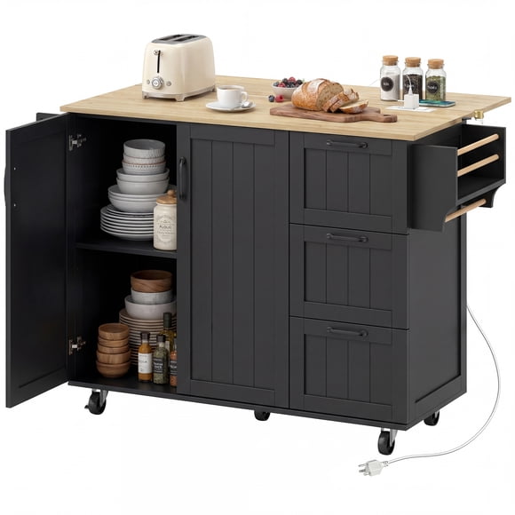 HOMCOM Kitchen Island w/ Drop Leaf, Rolling Kitchen Cart w/ Storage, Black