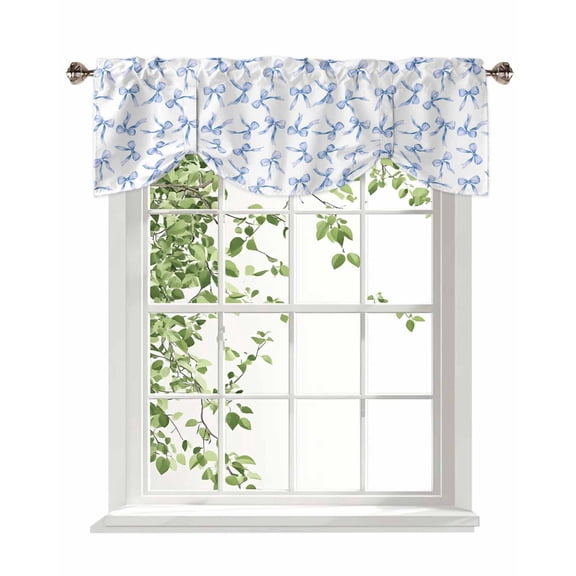 Blue Bow Tie Up Valances Curtain, Adjustable Kitchen Watercolor Bow Valances for Windows Decor, Rod Pocket Short Curtains Set for Bedroom/Bathroom, 42"x18"