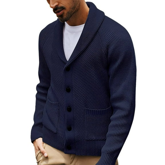 Zimjoy Blue Cardigan Sweaters for Men Long Sleeve Shawl Collar Knit Sweater Button Down Mens Sweater Loose Fit Casual Fall Winter Coat Cardigan Men with Pockets, Dark Blue L