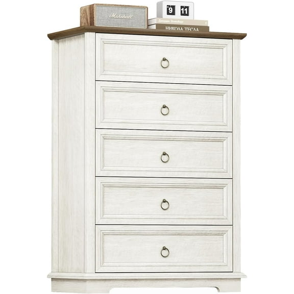 5 Drawer Dresser, Chest of Drawers with Double Anti-Tip, Modern Tall Dresser Organizer for Bedroom, Living Room & Hallway – Easy Assembly Storage Cabinet, White